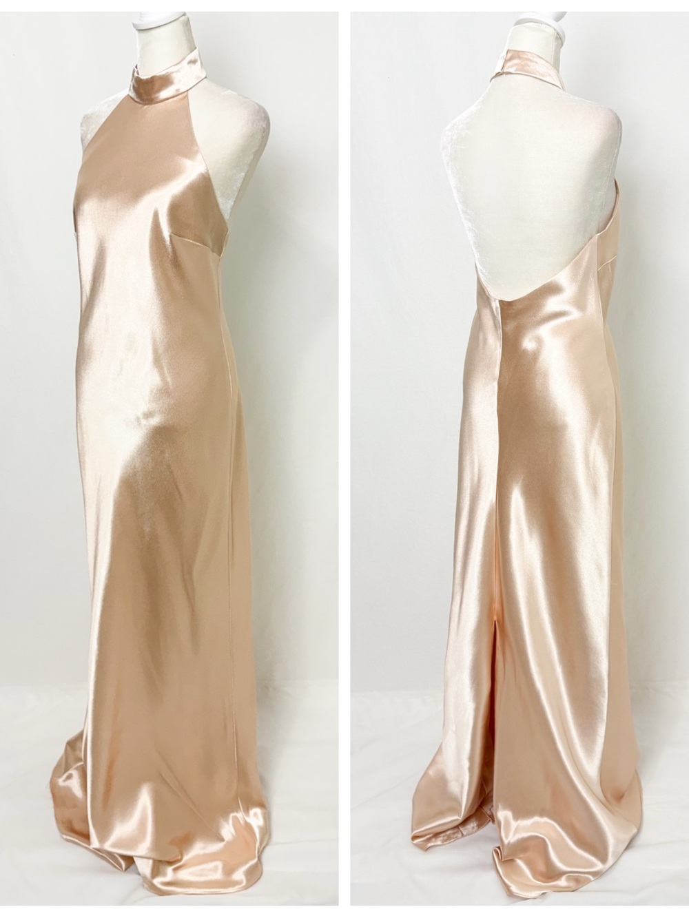 AW Bridal Satin Halter Evening Gown in Champagne gold
